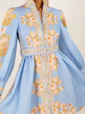 Beulah Powder Blue Floral Embroidered Belted Mini Dress